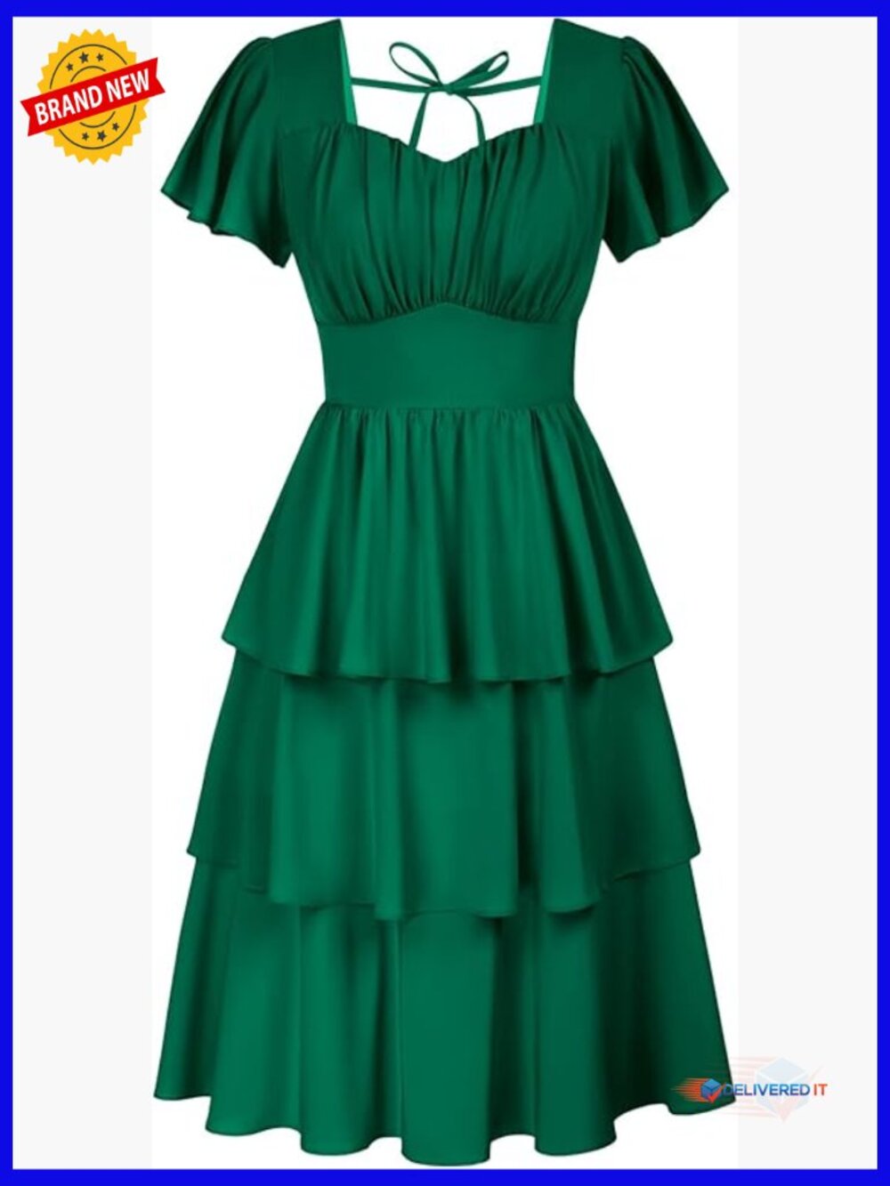 Vintage Square Neck Tiered Ruffle Midi Dress, Short Sleeve A-Line Swing